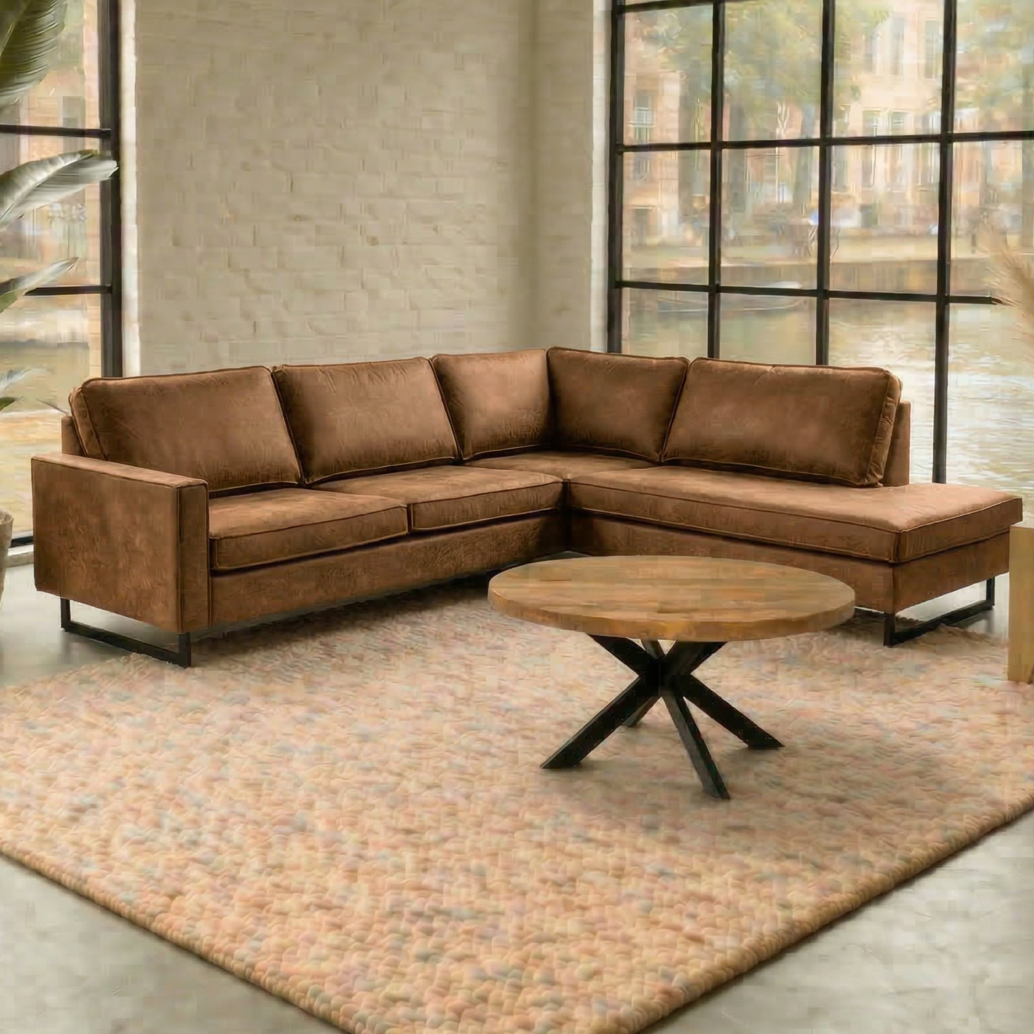 Cognac hoekbank 4 zits