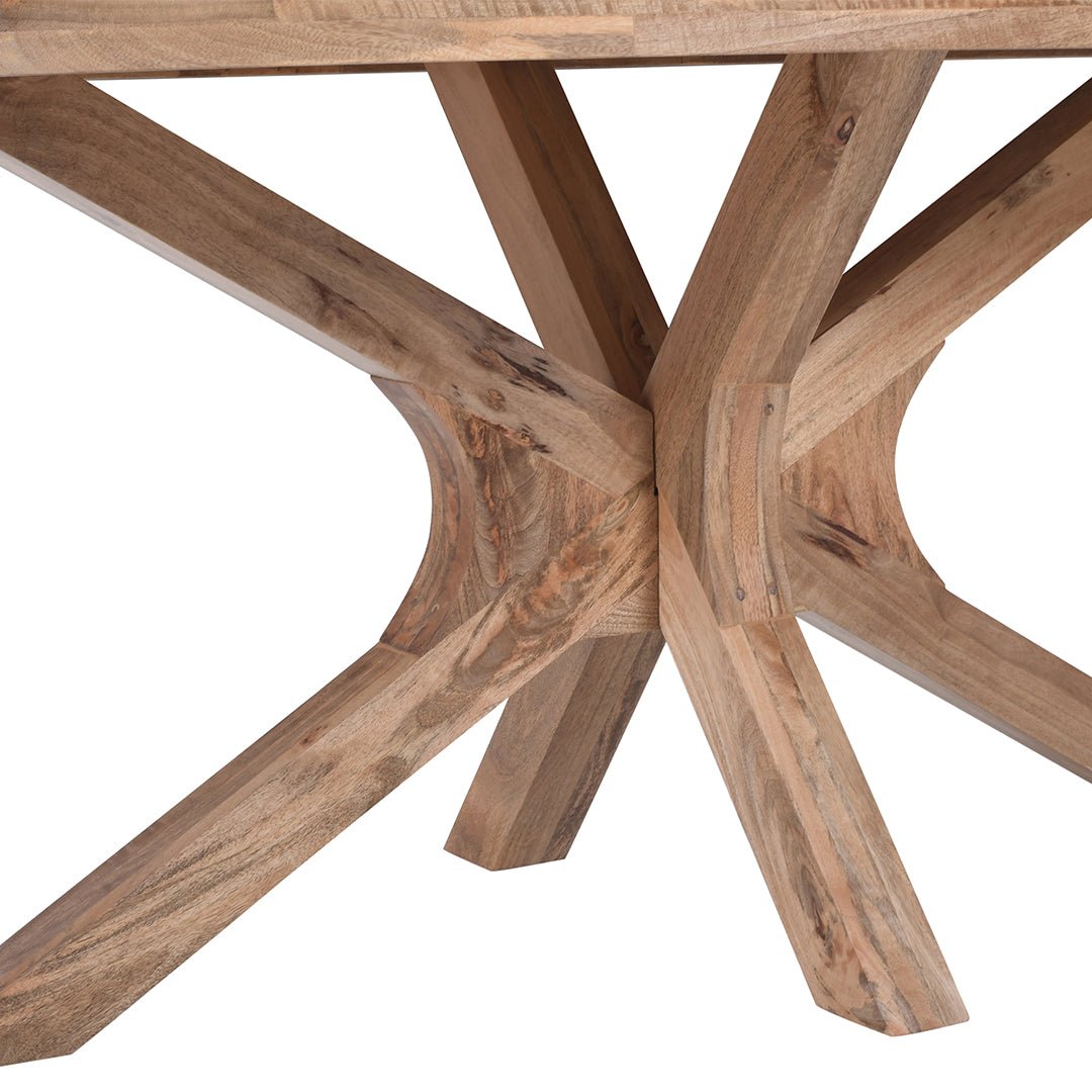 Lichtbruine ovale eettafel van mangohout met houten onderstel