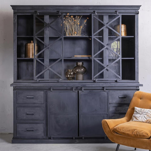 Mangohouten Buffetkast Denver Black 160x220 cm Dubbele Deurtjes X Mahom