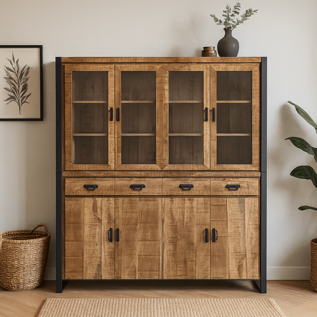 Mangohouten buffetkast met glazen deurtjes 190cm