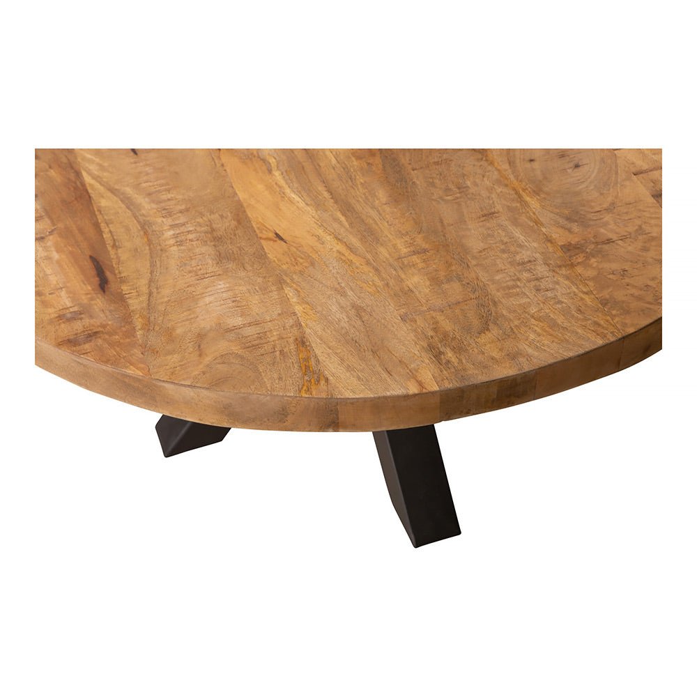 Ronde salontafel van mangohout met zwart onderstel