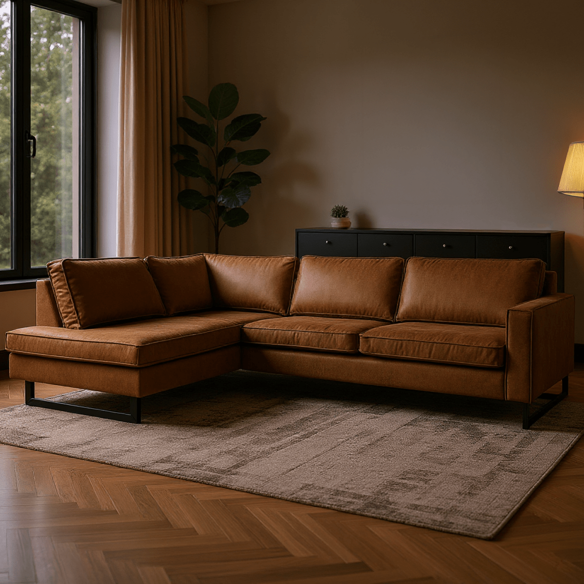 Cognac hoekbank 4 zits