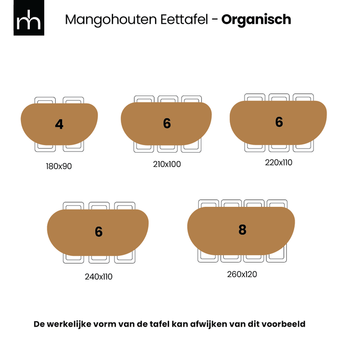 Mangohouten Eettafel Organisch Alessia 210x100 cm Walnoot Mahom