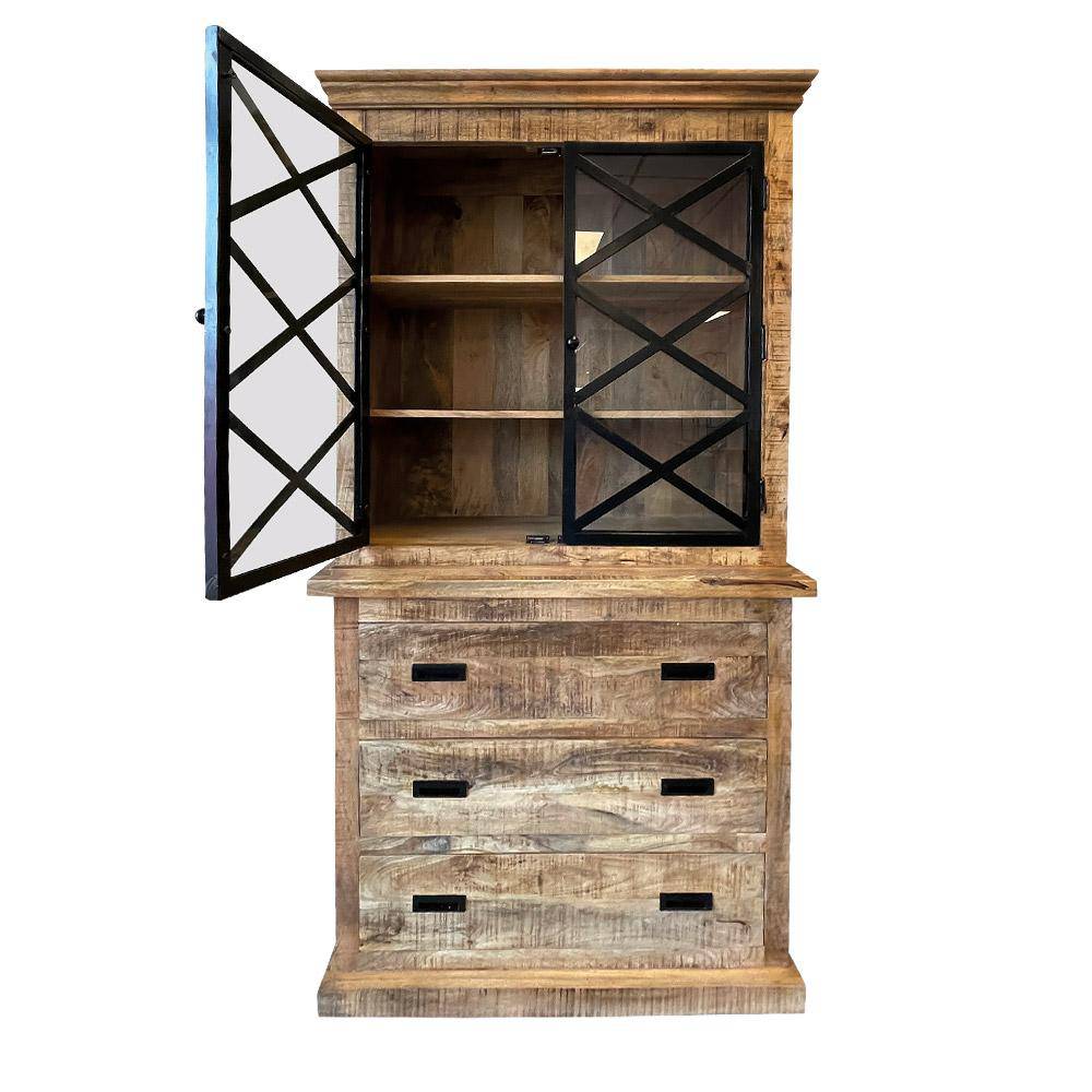 Mangohouten Buffetkast Denver 100cm van massief mango hout met drie grote lades, - Mangohoutonline