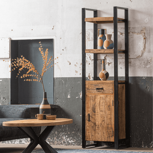 Mangohouten Boekenkast Britt met 1 deur en 1 lade Mahom