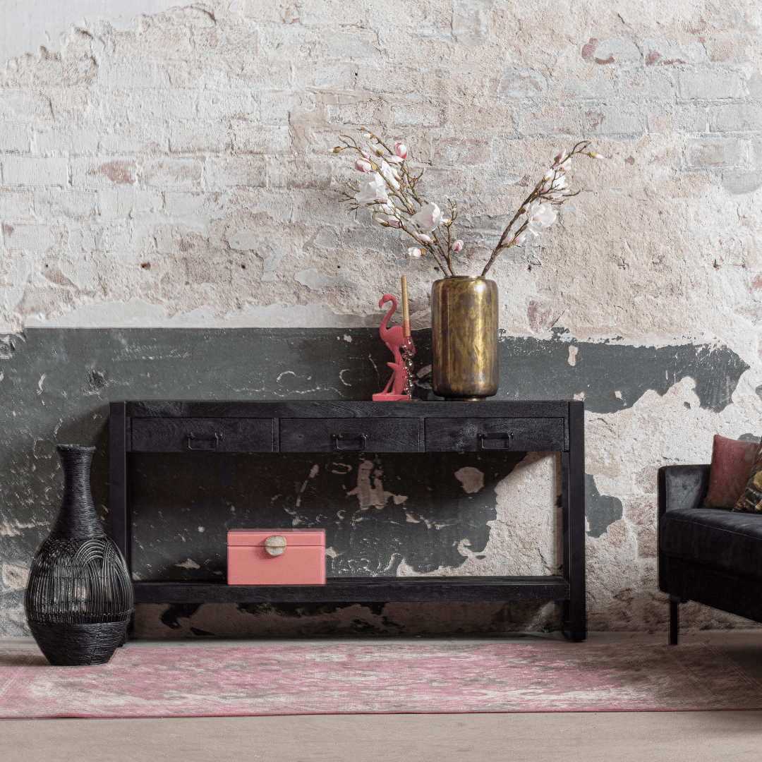 Mangohouten Sidetable 3 lades zwart